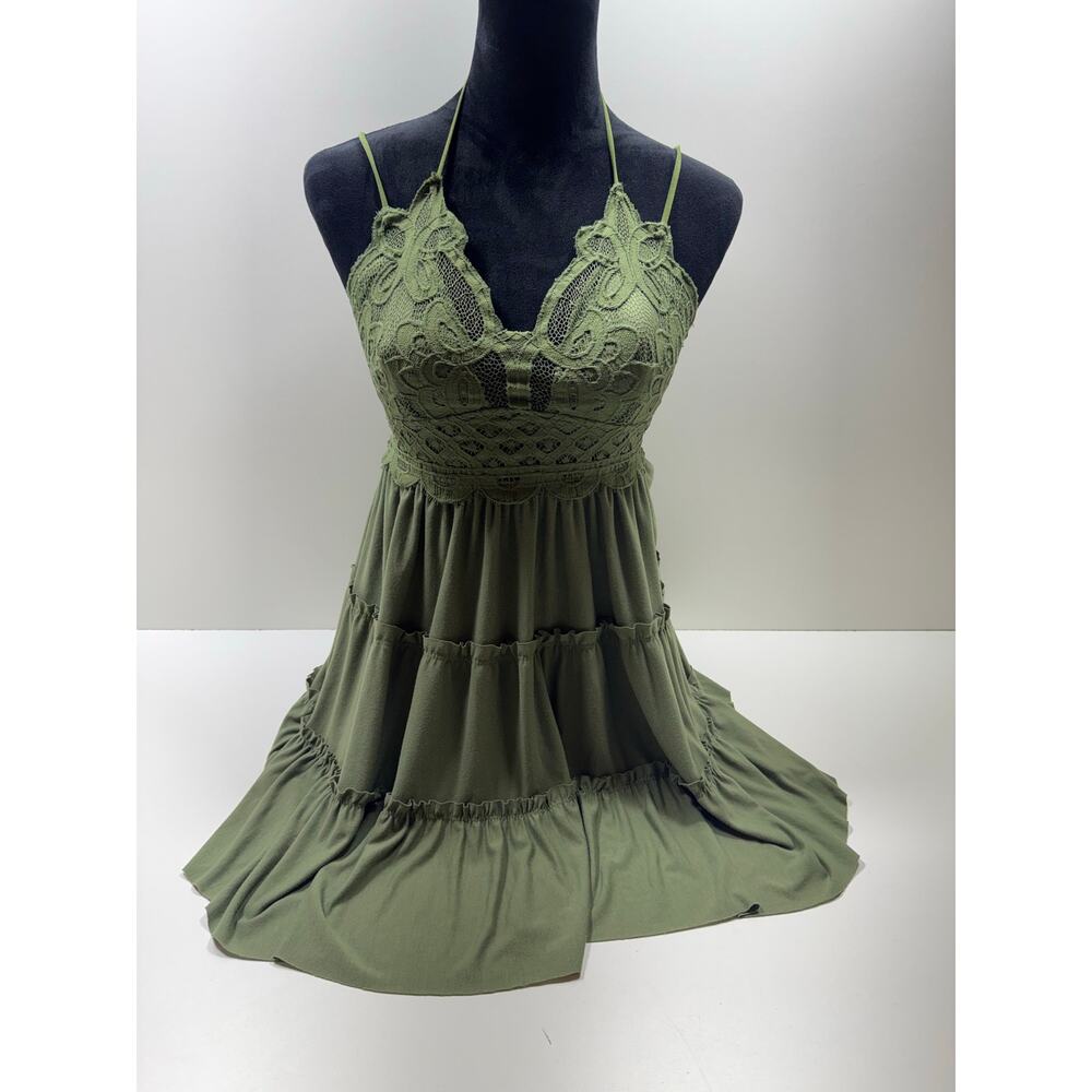 Y2K Boho Babydoll Tiered Mini Dress Green Sz Large Strappy Juniors Coquette